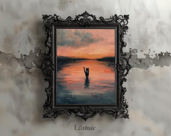 Black Cat Walking on Water Art Print: Gothic Dark Academia (Digital Download)