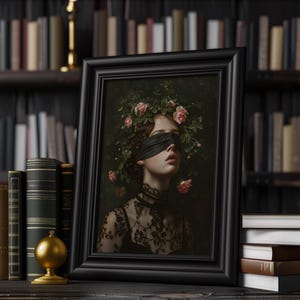 A framed portrait of a woman with a black blindfold and a floral crown. The artwork is in a black frame, set against a backdrop of bookshelves filled with books. The portrait features a dark, romantic aesthetic.