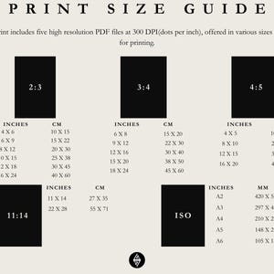 May include: Print size guide with various aspect ratios, including 2:3, 3:4, 4:5, 11:14, and ISO formats. Displays sizes in inches and centimeters, such as 4x6 inches (10 x 15 cm) and 8x10 inches (20 x 25 cm).