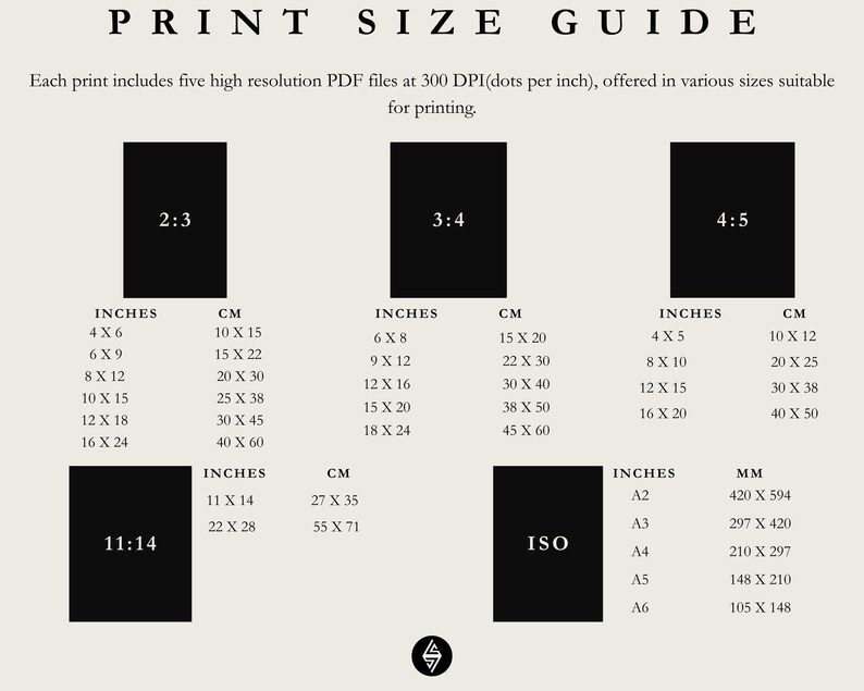 May include: Print size guide with various aspect ratios, including 2:3, 3:4, 4:5, 11:14, and ISO formats. Displays sizes in inches and centimeters, such as 4x6 inches (10 x 15 cm) and 8x10 inches (20 x 25 cm).