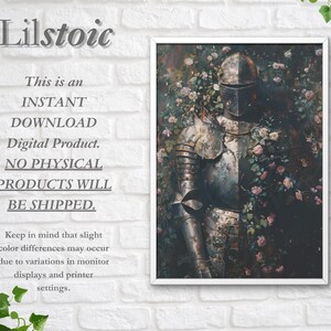 May include: A framed digital print featuring a knight in shining armor surrounded by pink roses. The artwork has a vintage aesthetic. Text on the image reads "Lilstoic" and "This is an INSTANT DOWNLOAD Digital Product. NO PHYSICAL PRODUCTS WILL BE SHIPPED."