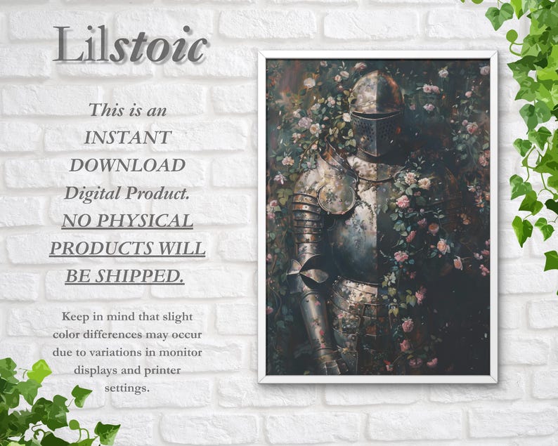 May include: A framed digital print featuring a knight in shining armor surrounded by pink roses. The artwork has a vintage aesthetic. Text on the image reads "Lilstoic" and "This is an INSTANT DOWNLOAD Digital Product. NO PHYSICAL PRODUCTS WILL BE SHIPPED."