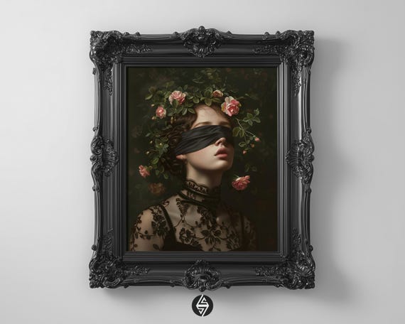 Blindfolded Rose Victorian Woman Art: Gothic Dark Academia Portrait Print (Digital Download)
