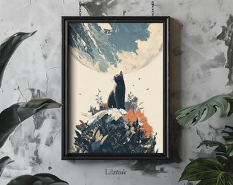 Black Cat Moon Art Print: Gothic Whimsical Space Poster (Instant Download)