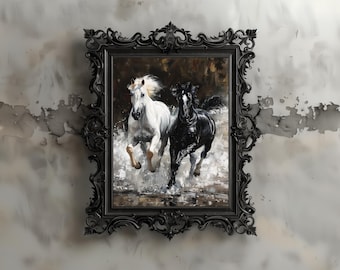 Black and White Horses Art Print: Gothic Dark Academia Decor (Digital Download)
