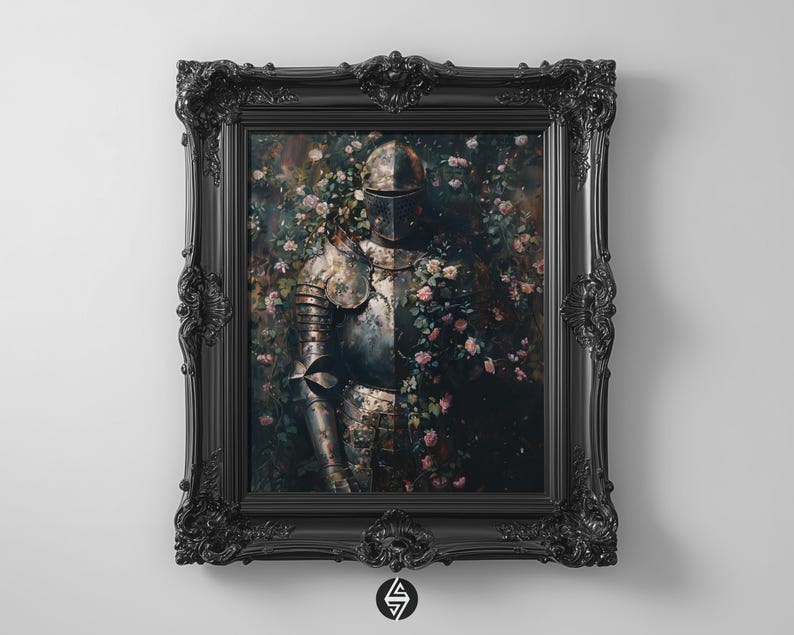 Empty knight armour in a floral garden, medieval dark academia art print. Gothic home decor.