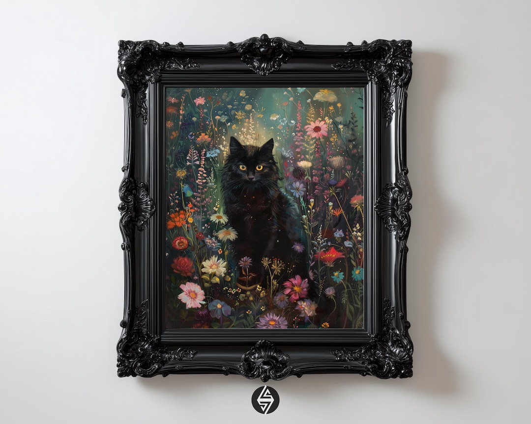 Enchanted Forest Black Cat Floral Gothic Print: Dark Academia Wall Art ...