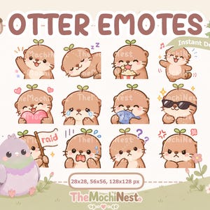 Könnte beinhalten: Eine digitale Sammlung von zwölf braunen Otter-Emotes mit grünen Sprossen auf dem Kopf, die verschiedene Ausdrücke wie Schlafen, Essen und Weinen zeigen. Ein lila Taube ist abgebildet. Text: OTTER EMOTES, 28x28, 56x56, 128x128 px, TheMochiNest.