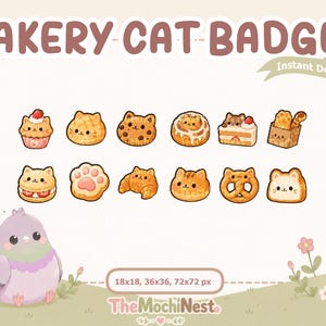 Puede incluir: Un conjunto digital de doce insignias de gatos de panadería con varios pasteles en forma de gato, incluyendo un cupcake, galleta, rollo de canela, pastel, croissant y pretzel. El texto dice BAKERY CAT BADGES, Instant Download y TheMochiNest.