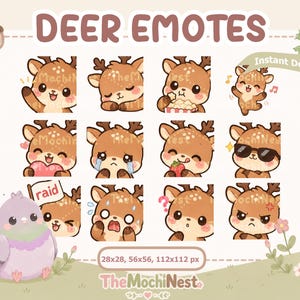 Pode incluir: Uma coleção digital de doze emotes de veado castanho com várias expressões e ações, incluindo acenar, comer, chorar e usar óculos de sol. O texto DEER EMOTES está no topo, com um pombo roxo segurando uma bandeira de raid.