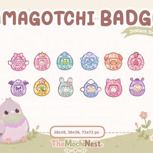 Puede incluir: Un conjunto gráfico digital titulado TAMAGOTCHI BADGES que muestra once dispositivos de mascotas virtuales en forma de huevo con varios personajes. Una paloma de dibujos animados aparece junto al texto 18x18, 36x36, 72x72 px y TheMochiNest.