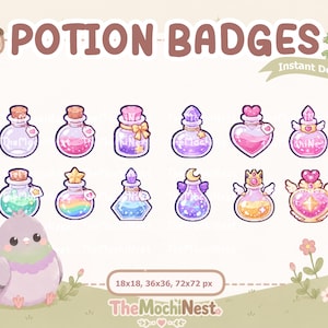 Puede incluir: Una ilustración digital titulada POTION BADGES que muestra doce frascos de pociones coloridos de varias formas con corazones, estrellas y alas. Un pájaro morado redondo se sitúa abajo a la izquierda. El texto incluye TheMochiNest y 18x18, 36x36, 72x72 px.