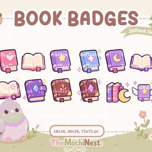 Puede incluir: Una colección digital de insignias de libros con varios libros ilustrados con iconos como corazones, estrellas, lunas y alas. El conjunto incluye el texto "BOOK BADGES", "Instant Download!" y "18x18, 36x36, 72x72 px" junto a una pequeña ilustración de un pájaro morado.