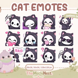 Könnte beinhalten: Eine digitale Sammlung von zwölf Katzen-Emotes, die einen Charakter in einer schwarzen Kapuzenumhang mit verschiedenen Ausdrücken zeigen, darunter mit Sense, Popcorn, Tränen und Sonnenbrille. Der Text lautet CAT EMOTES, RAID und TheMochiNest.