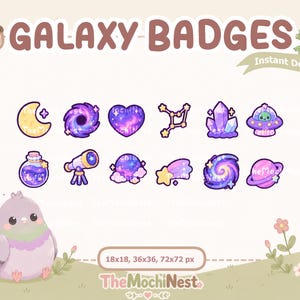 Puede incluir: Un conjunto de insignias digitales Galaxy que incluye una luna creciente, agujero negro, corazón, constelación, cristales, OVNI, poción, telescopio, planeta, estrella fugaz y Saturno. Incluye una ilustración de paloma y el texto GALAXY BADGES.