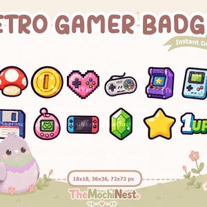 Puede incluir: Un conjunto de insignias digitales retro gamer con iconos de pixel art que incluyen un hongo, moneda, corazón, mando, máquina arcade, consola portátil, disquete, mascota virtual, gema verde, estrella y texto 1up, con una ilustración de paloma.