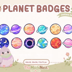 May include: A digital set of twelve circular planet badges featuring various celestial designs, including rings, craters, and clouds. The graphic includes the text PLANET BADGES, 18x18, 36x36, 72x72 px, and a cartoon pigeon illustration at the bottom left.
