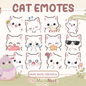 Può includere: Una collezione digitale di dodici emote di gatto bianco con varie espressioni, tra cui dormire, piangere, mangiare e indossare occhiali da sole. L'immagine include il testo CAT EMOTES, Instant Download e 28x28, 56x56, 128x128 px.