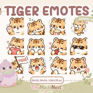 May include: A digital collection of twelve tiger emotes featuring various expressions and actions, including sleeping, eating, crying, and wearing sunglasses. A small purple pigeon is shown in the corner holding a flag labeled raid.