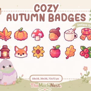 May include: A digital set of pixel art icons titled COZY AUTUMN BADGES featuring a maple leaf, pumpkin, mushroom, acorn, hot drink, scarf, lantern, fox, sunflower, apple, oak leaf, and berries, with dimensions 18x18, 36x36, and 72x72 px.