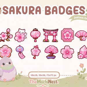 Puede incluir: Una colección digital de doce insignias rosas con temática sakura que incluyen un gato, linterna, puerta torii, abanico, carillón, bonsái y cristal. El conjunto incluye el texto SAKURA BADGES, 18x18, 36x36, 72x72 px y TheMochiNest, con una paloma.
