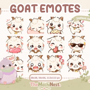 Cute Goat Emotes Pack, Kawaii Chibi Twitch Emotes, Discord Emojis, Goat Streamer PNG, 12 Emotes