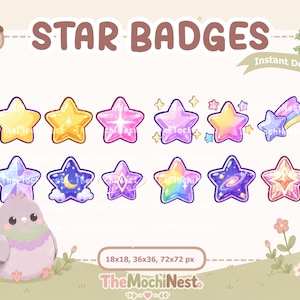 Könnte beinhalten: Eine Sammlung von zwölf digitalen sternförmigen Abzeichen mit verschiedenen Designs, darunter Volltonfarben, Farbverläufe, Galaxienmuster und Glitzer. Das Bild enthält den Text STAR BADGES, TheMochiNest sowie 18x18, 36x36, 72x72 px.