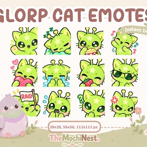 Könnte beinhalten: Ein digitales Sticker-Set mit dem Titel GLORP CAT EMOTES, das zwölf limettengrüne Alien-Katzen mit Sternen, Antennen und verschiedenen Ausdrücken zeigt. Enthält eine lila Taube, Symbole für Twitch, YouTube, Discord sowie die Größenangaben 28x28, 56x56, 112x112 px.