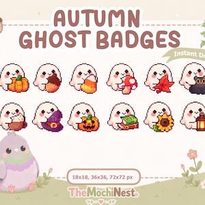 Op de afbeelding: Een set pixel art herfstgeest-badges met twaalf witte geesten die seizoensgebonden items vasthouden zoals pompoenen, maissnoepjes, paddenstoelen en zonnebloemen. De tekst luidt Autumn Ghost Badges, Instant Download en 18x18, 36x36, 72x72 px.
