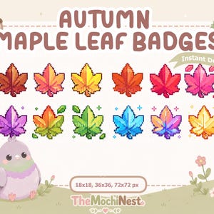 Puede incluir: Un conjunto digital de doce insignias de hojas de arce en pixel art de varios colores, incluyendo rojo, naranja, amarillo, morado, verde y azul. El texto dice AUTUMN MAPLE LEAF BADGES, Instant Download, 18x18, 36x36, 72x72 px y TheMochiNest.