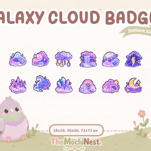 May include: A set of twelve digital badges titled GALAXY CLOUD BADGES featuring purple and blue clouds with celestial elements like stars, moons, crystals, a castle, and a rainbow. A light purple bird illustration is in the bottom left corner.