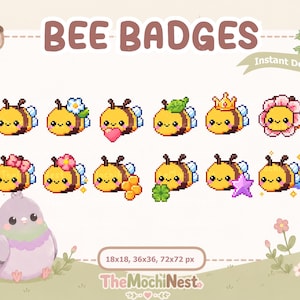 Op de afbeelding: Een digitale set pixel art bijenbadges met twaalf unieke ontwerpen met diverse accessoires zoals bloemen, kronen, harten en sterren. De tekst BEE BADGES staat bovenaan, met afmetingen van 18x18, 36x36, 72x72 px en het merk TheMochiNest onderaan.
