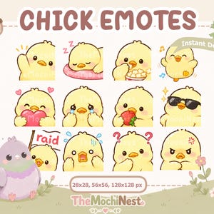 May include: A digital collection of twelve yellow chick emotes featuring various expressions, including sleeping, eating, crying, and wearing sunglasses. The graphic includes the text CHICK EMOTES, Instant Download, and 28x28, 56x56, 128x128 px.