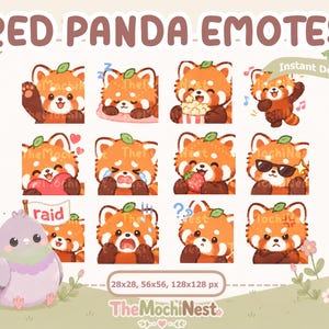 May include: A digital collection of twelve red panda emotes featuring various expressions and actions, including waving, sleeping, eating, and crying. The set includes a purple pigeon illustration and text reading RED PANDA EMOTES and 28x28, 56x56, 128x128 px.