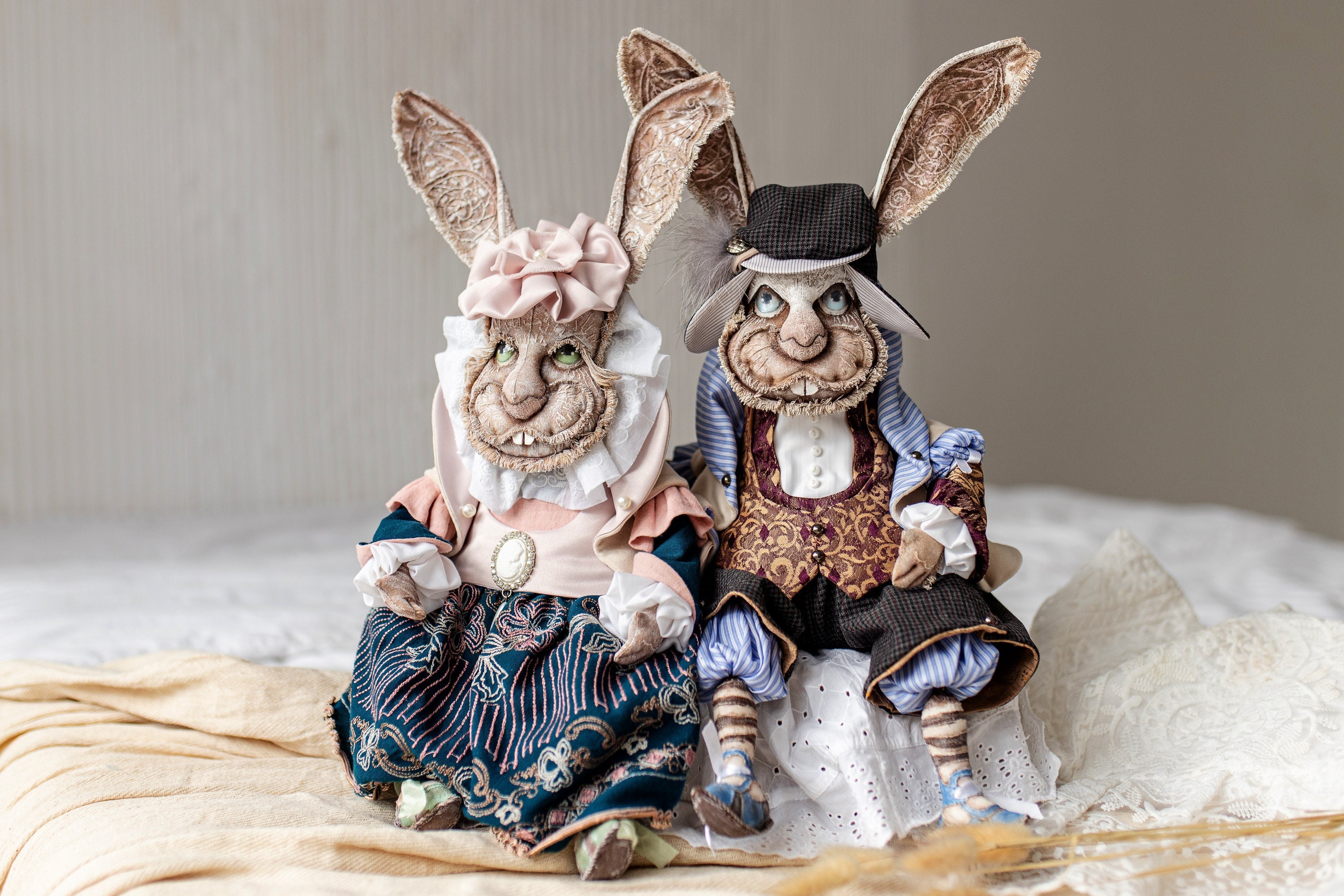 RABBIT Gifts Wedding gift husband and wife doll amulet of love Hare figurine Collectible doll Home decor OOAK Animal Art Doll Unrealistic