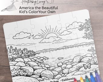 Rompecabezas para colorear para niños: Paisaje del lago Tahoe, California y Nevada.