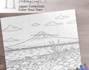Rompecabezas para colorear del lago Kawaguchi y el monte Fuji de Japón