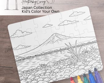Rompecabezas para niños: Colorea tu propio lago Kawaguchi, Monte Fuji, Japón