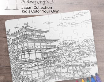 Rompecabezas para colorear del Pabellón Dorado Kinkakuji para niños, Kioto, Japón