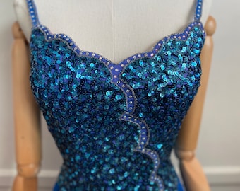 50’s 60’s vintage glam sequin designer formal dress Mike Benet prom princess sapphire color