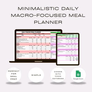 Può includere: Un pianificatore di pasti digitale visualizzato su uno schermo di laptop e tablet, con tabelle per colazione, pranzo e cena che includono colonne per proteine, carboidrati e grassi. Il testo riporta MINIMALISTIC DAILY MACRO-FOCUSED MEAL PLANNER.