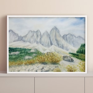 Italian Dolomites Alps original watercolor Painting, Dolomite Italy Mountains travel artwork, Odle di Funes massif Mountains Peak Wall Art