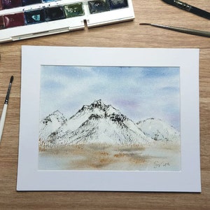 Dipinto ad acquerello ORIGINALE Montagne innevate, arte murale, paesaggio invernale delle montagne islandesi, dipinto originale di picco di montagna con passepartout