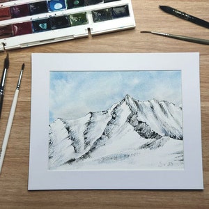 Dipinto ad acquerello ORIGINALE Montagne innevate, arte murale, paesaggio invernale delle montagne islandesi, dipinto originale di picco di montagna con passepartout