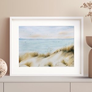 オリジナルの水彩画の海の風景の手描きの壁アート、海の風景画、水彩画の海のビーチ、夏の沿岸バルト海の砂丘の絵画