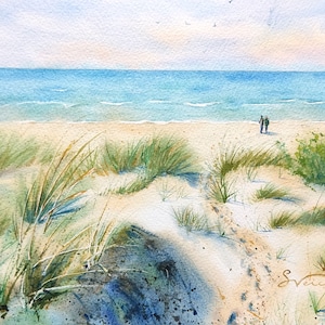 ORIGINAL Watercolor Seascape hand painted Wall art, Ocean Landscape painting, Watercolor Sea beach, Summer Coastal Baltic Sea Dunes #10