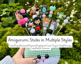 Pair of Amigurumi Crochet Sticks: Crafting Tool, Knitting Accessory, Fluffy Beads, Cute Designs, Animals, Cats and Dog Designs, Funny Design