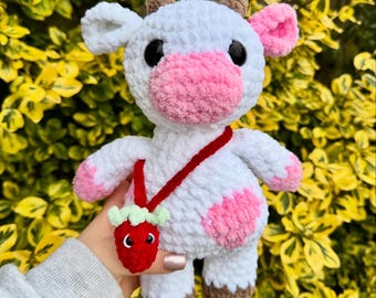 Handmade, ready to ship, Crochet Pink Cow Plushie - Birthday, Gift, Décor, Plushie, Strawberry Cow