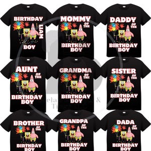 スポンジテーマの誕生日ファミリーシャツ、カスタムファミリーTシャツ - パーソナライズ、スポンジファミリーシャツ、ボブパーティー、スポンジシャツ