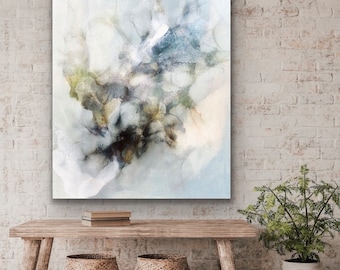 Large Abstract Print of Original Painting Stretched Canvas Art 48 x 36 white blue grey soft Palette Calm Wall Art Modern Fine Art Giclee